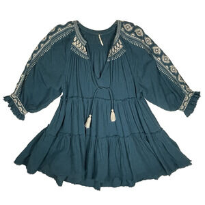 Free People Womens MEDIUM Boho Teal Blue Embroidered Swing Mini Dress Deep V